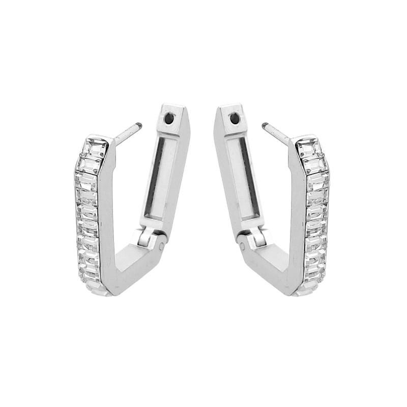 Brinco de Aço Argola Conexão com Pedra Cristal Prata 2