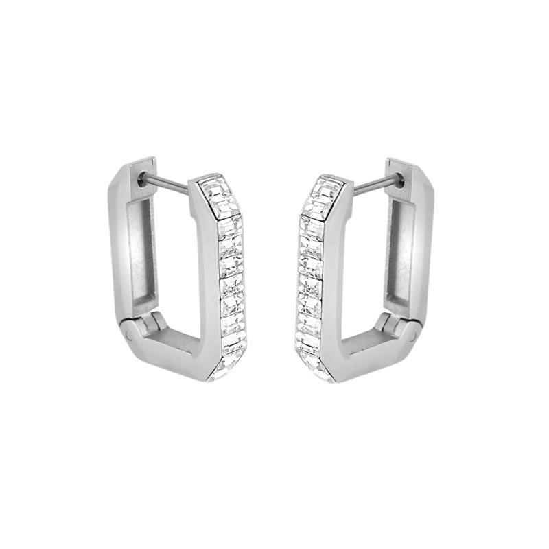Brinco de Aço Argola Conexão com Pedra Cristal Prata 3