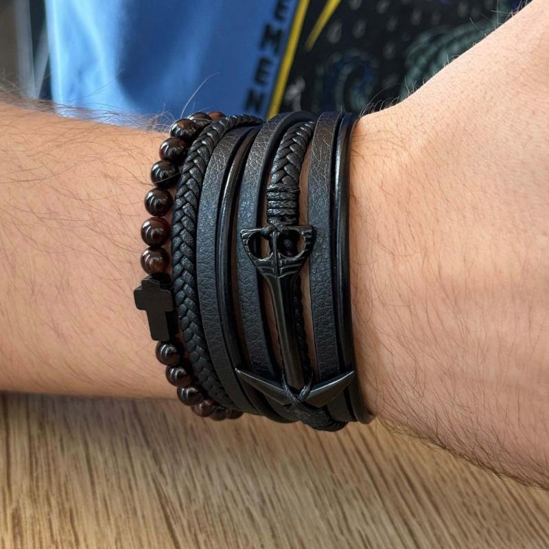 Pulseira de Aço Anchor Couro IPB 25mm 21cm Preto 5