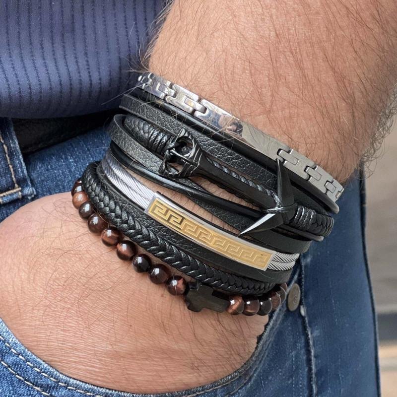 Pulseira de Aço Anchor Couro IPB 25mm 21cm Preto 7