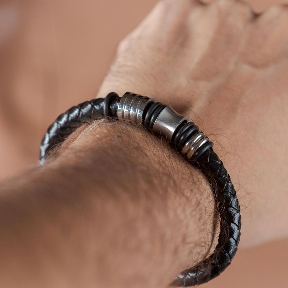 Pulseira Aço Couro Larga com Caucciù 12mm 20cm Preto 3