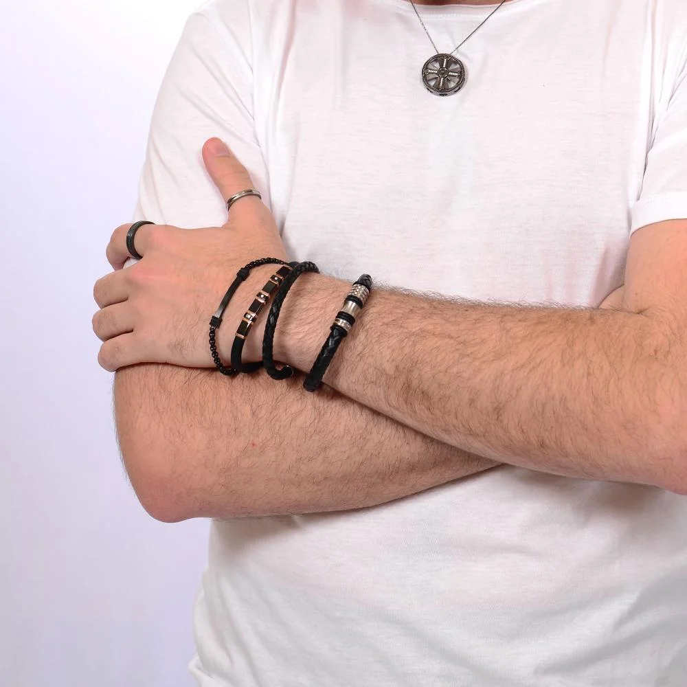 Pulseira Aço Couro Larga com Caucciù 12mm 20cm Preto 4