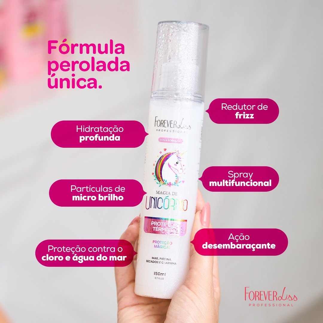 Kit Protetor Térmico Magia de Unicórnio e Modelador de Fios Xô Frizz Forever Liss ÚNICO 3