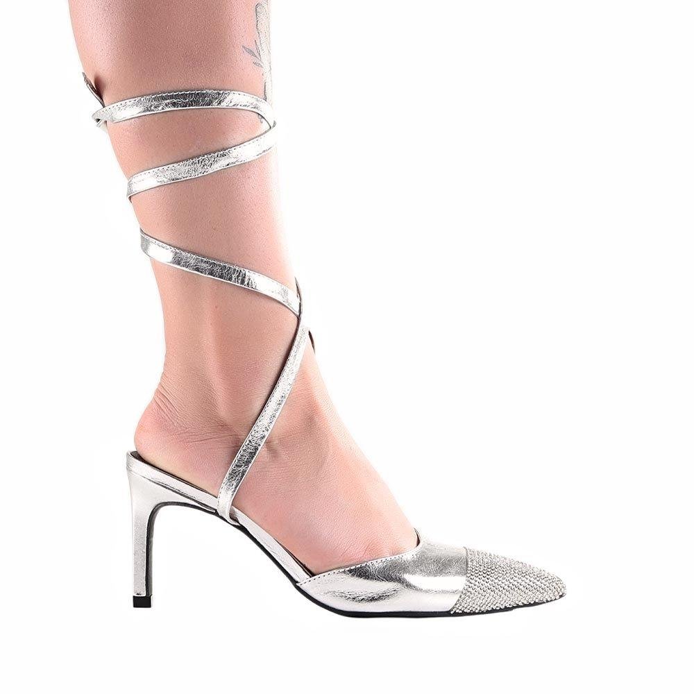 Scarpin Feminino Zariff  Salto Fino Amarração Prata Prata 1
