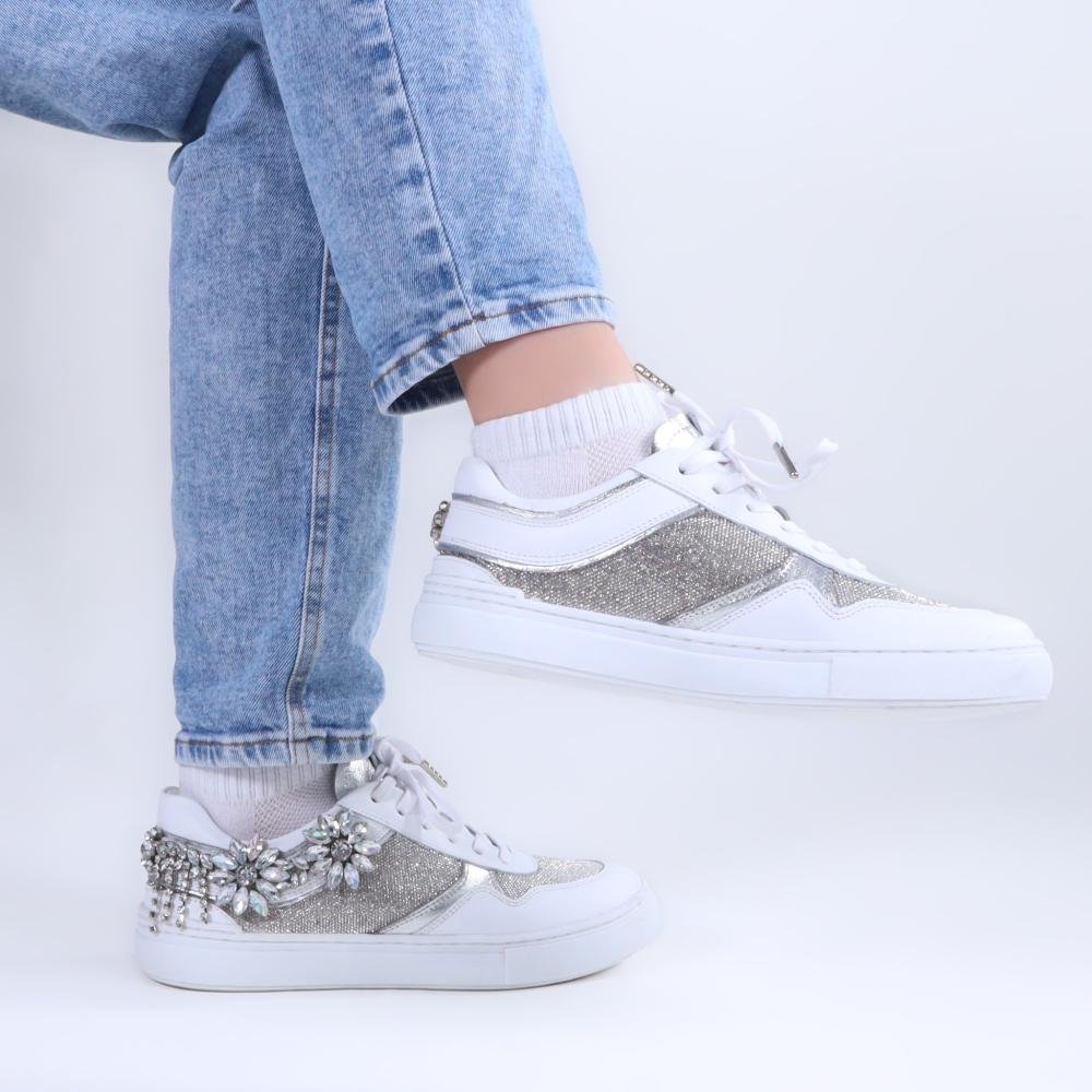 Tênis Feminino Zariff com Pedrarias Glw169 Branco/Prata Branco 6