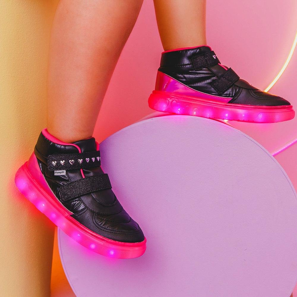 Tênis Infantil Feminino Pampili com LED 483.005.000 Preto Preto/Rosa 4