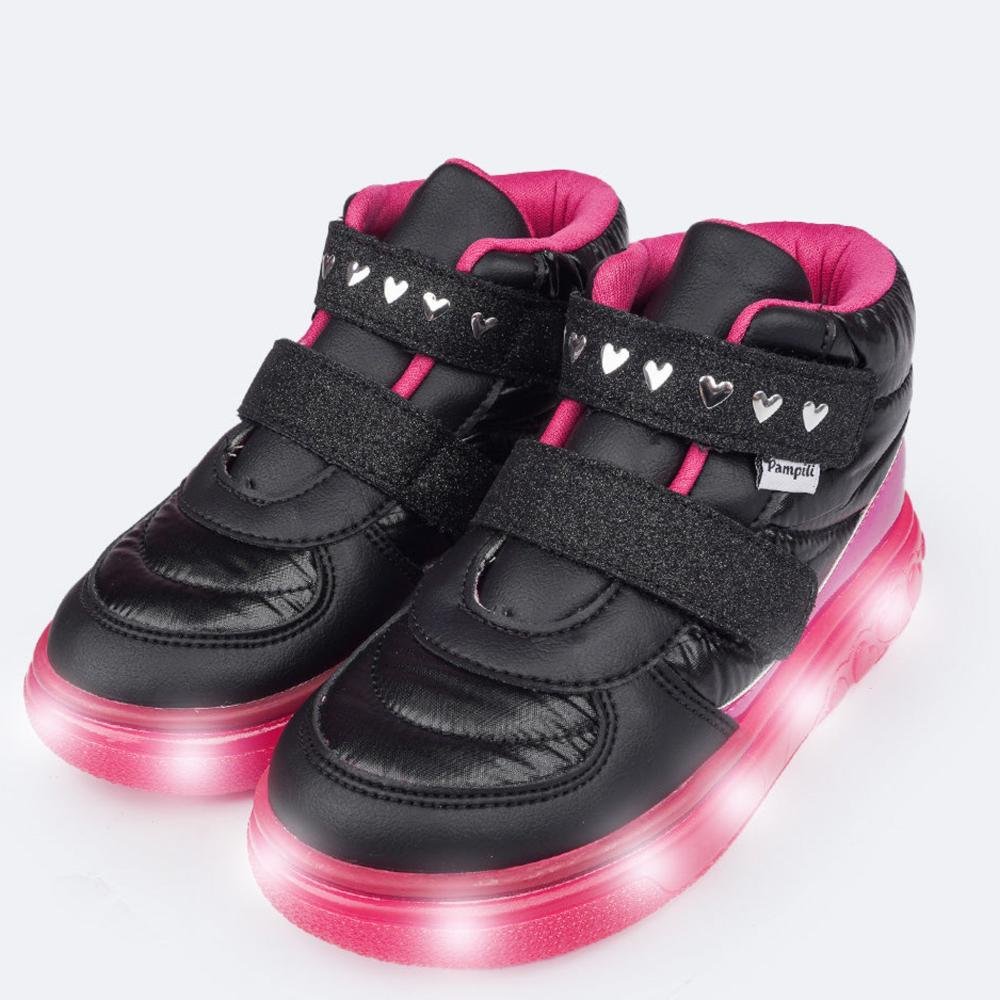 Tênis Infantil Feminino Pampili com LED 483.005.000 Preto Preto/Rosa 6