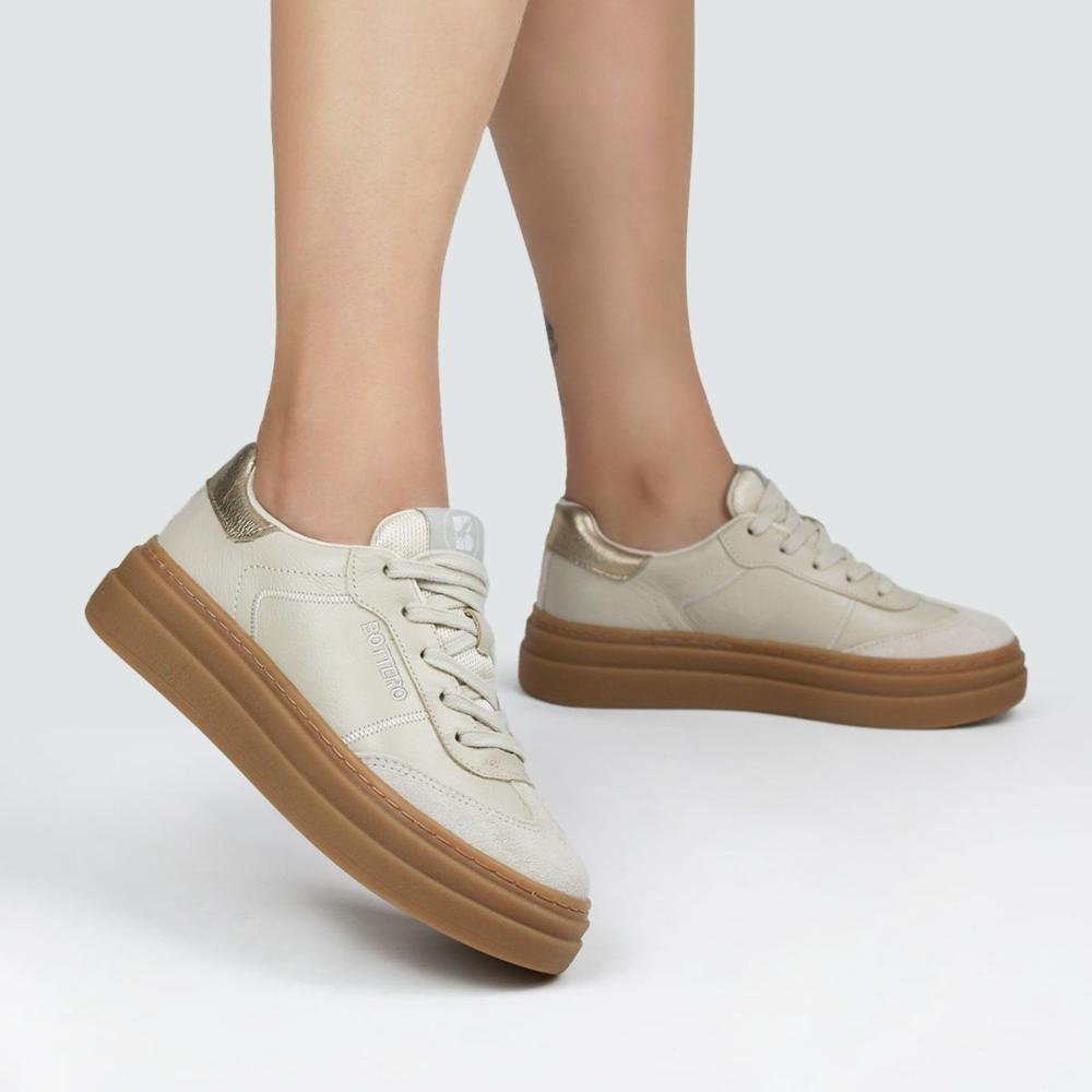 Tênis Feminino Bottero Couro 369402 Marfin/Dourado Branco/Prata 2