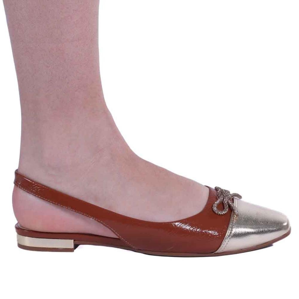 Sapatilha Feminina Zariff Slingback com Laço T1128-334 Caramelo Marrom/Dourado 1