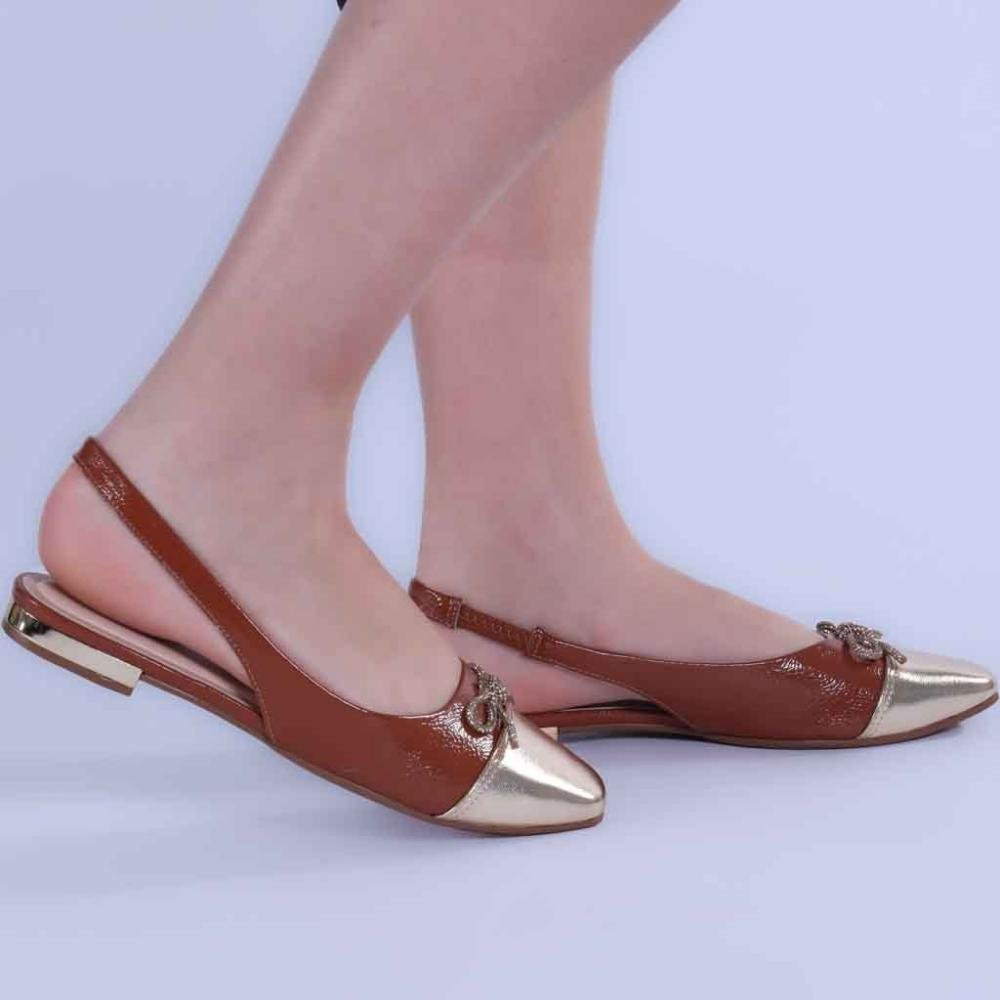Sapatilha Feminina Zariff Slingback com Laço T1128-334 Caramelo Marrom/Dourado 2