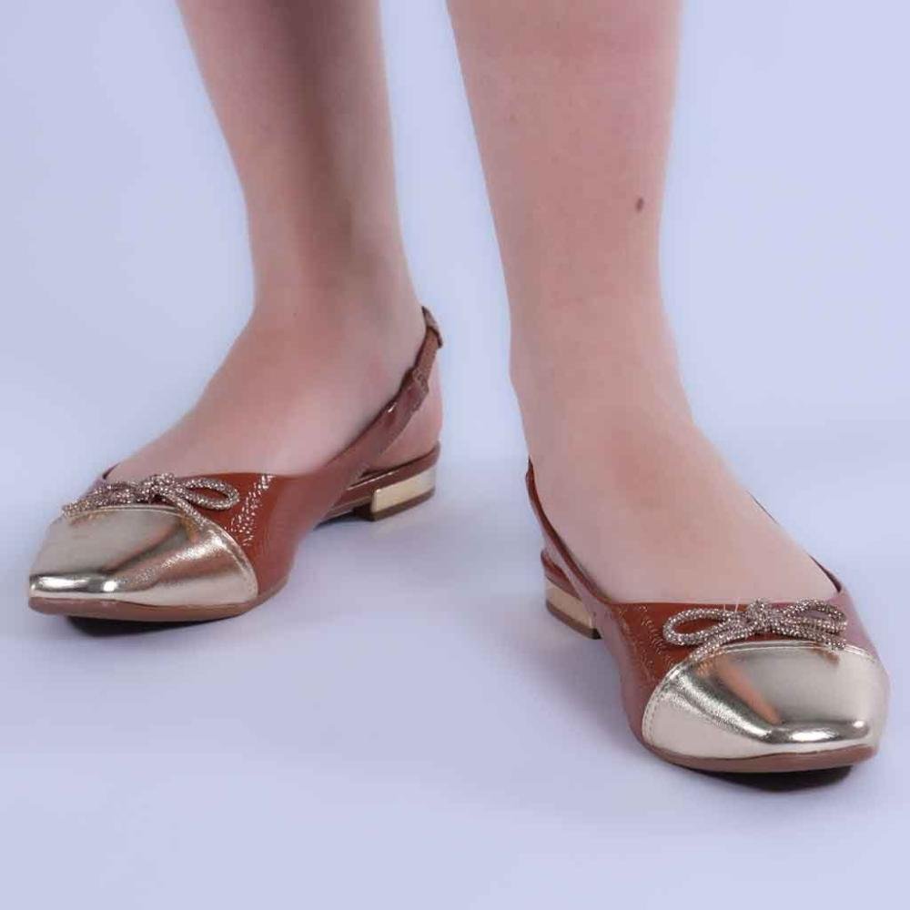 Sapatilha Feminina Zariff Slingback com Laço T1128-334 Caramelo Marrom/Dourado 3