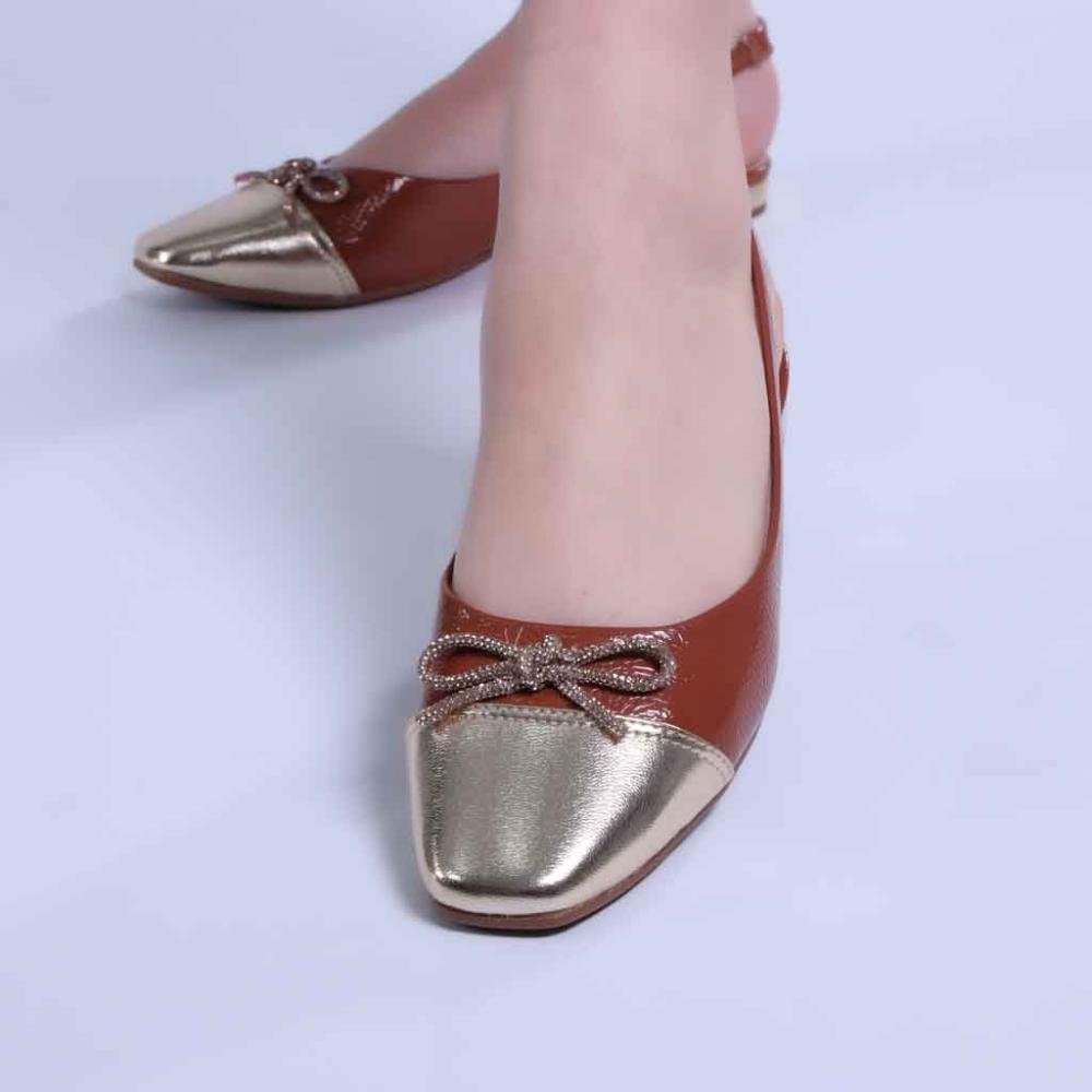 Sapatilha Feminina Zariff Slingback com Laço T1128-334 Caramelo Marrom/Dourado 4