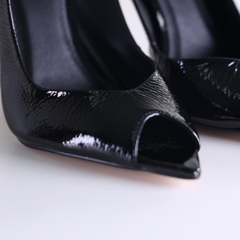 Peep Toe Slingback Zariff Salto Fino 7300016 Verniz Preto Preto 4