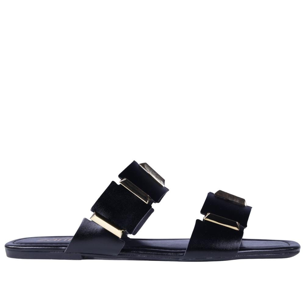 Sandália Rasteira Feminina Zariff 1552039252 Preto/Ouro