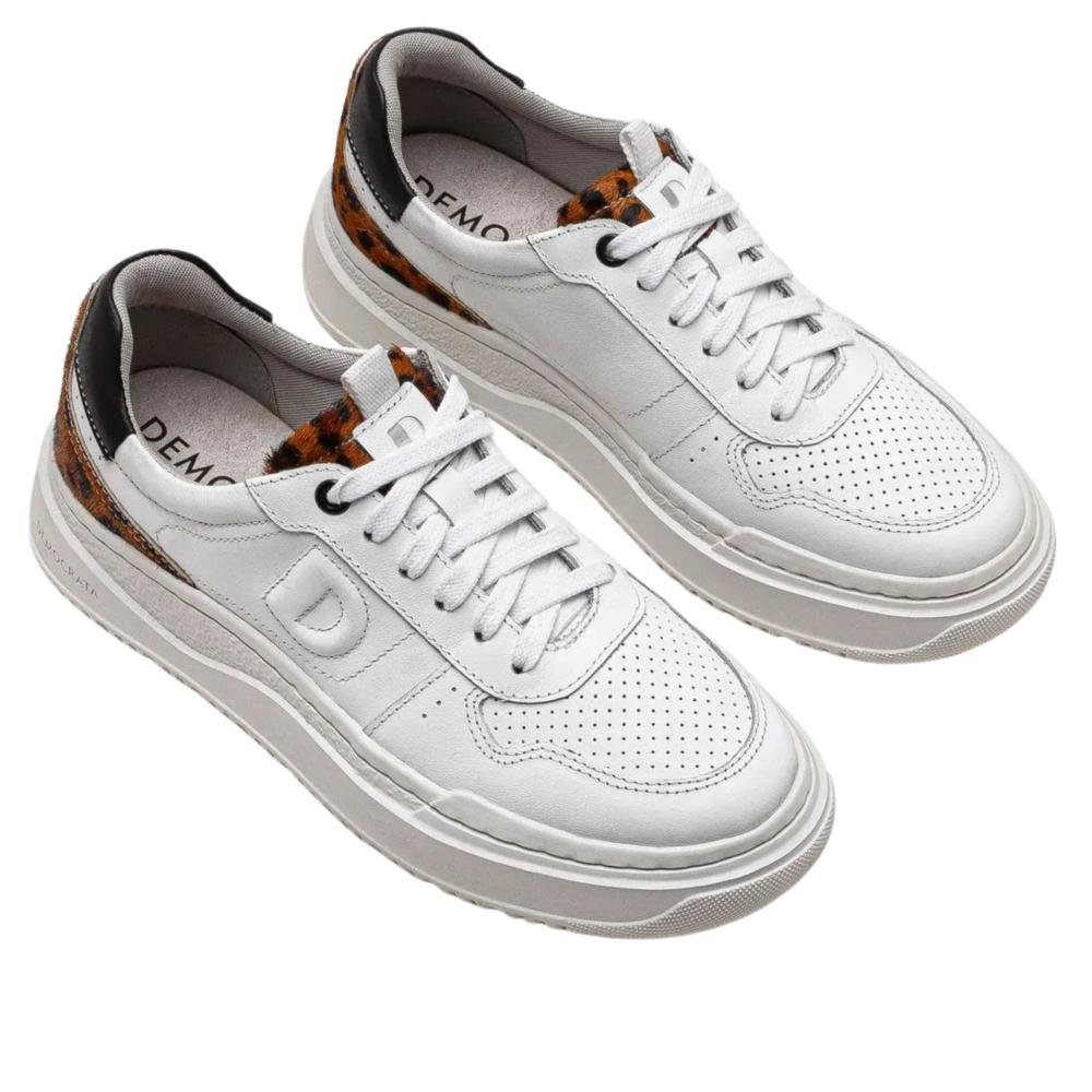 Tênis Feminino Casual Democrata Block 616101 Branco/Onça Branco 4