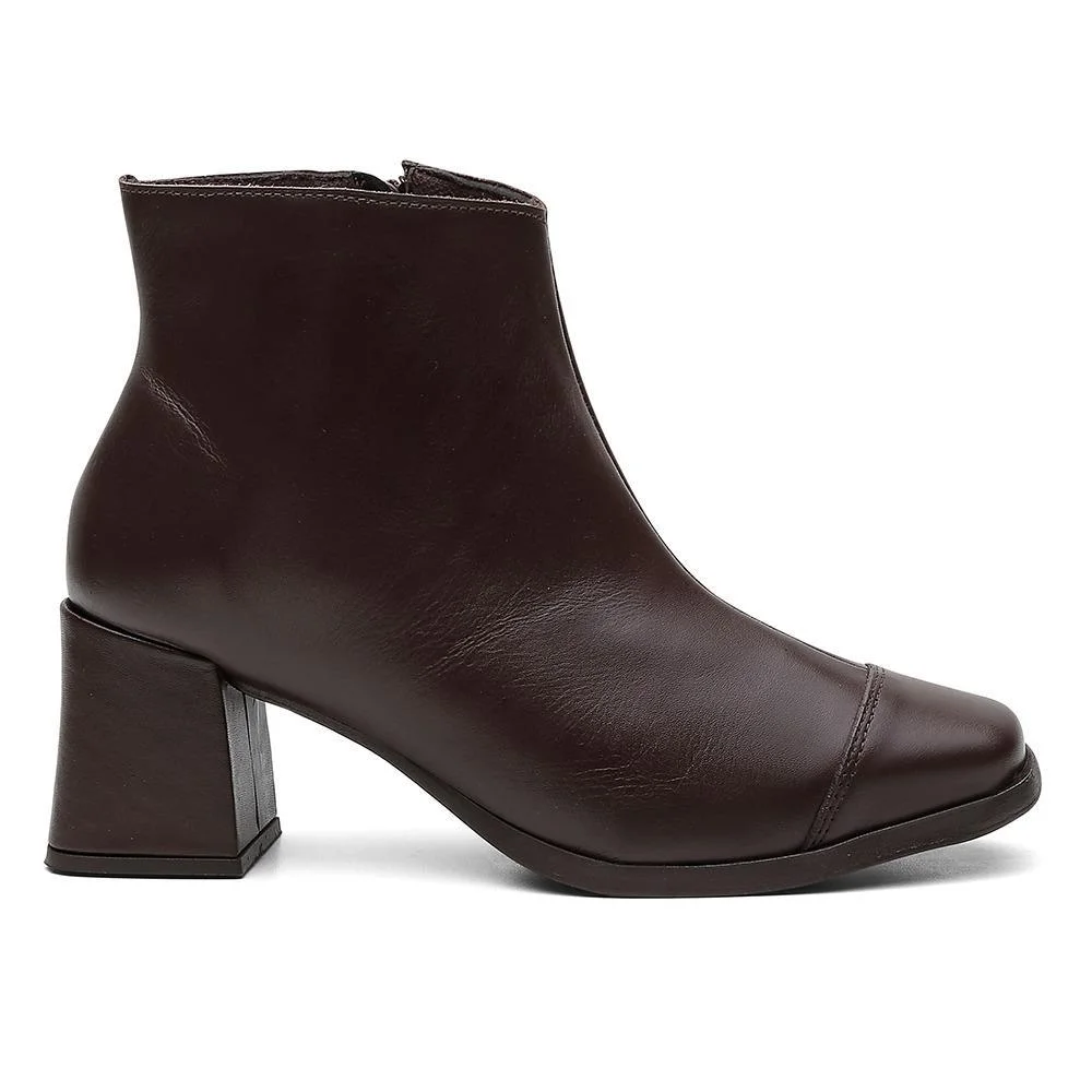 Bota Feminina Couro Cano Curto Salto Grosso Bico Quadrado Zíper Marrom 2