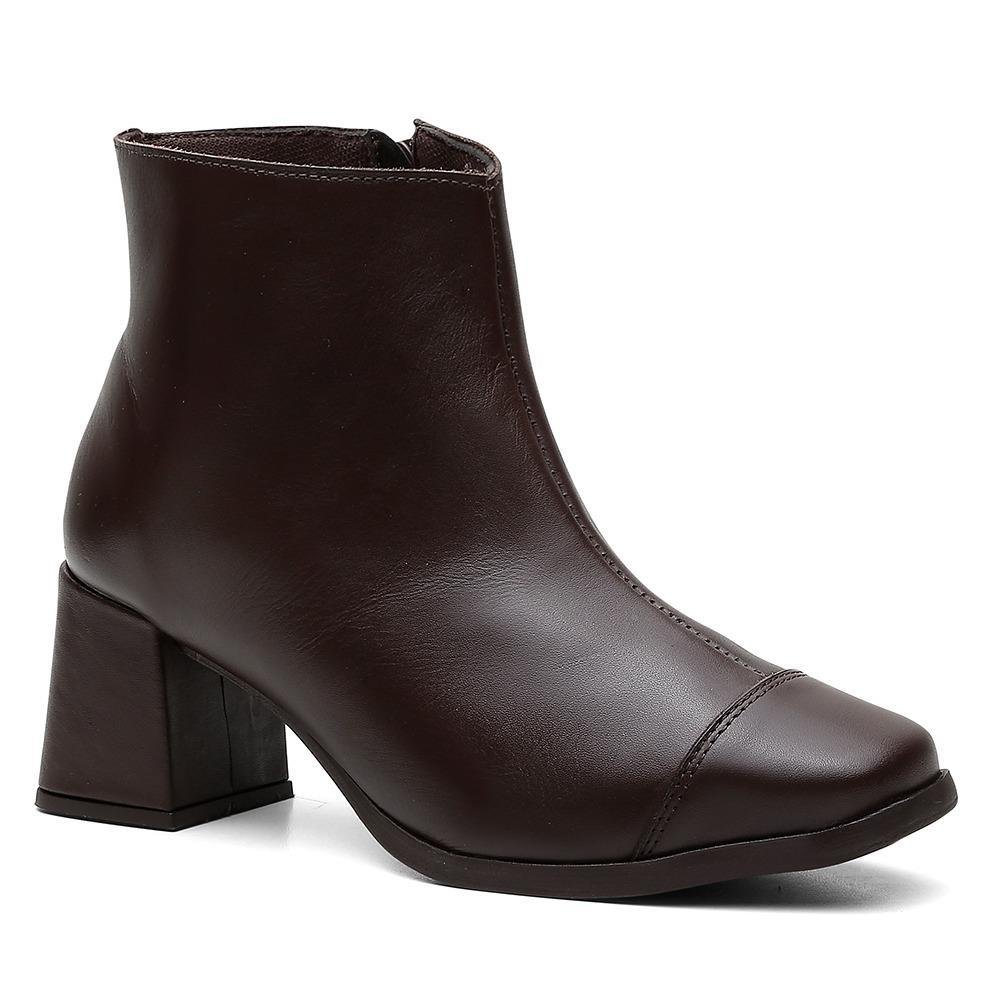 Bota Feminina Couro Cano Curto Salto Grosso Bico Quadrado Zíper Marrom 3