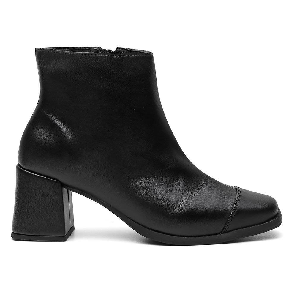 Bota Feminina Couro Cano Curto Salto Grosso Bico Quadrado Zíper Preto 2