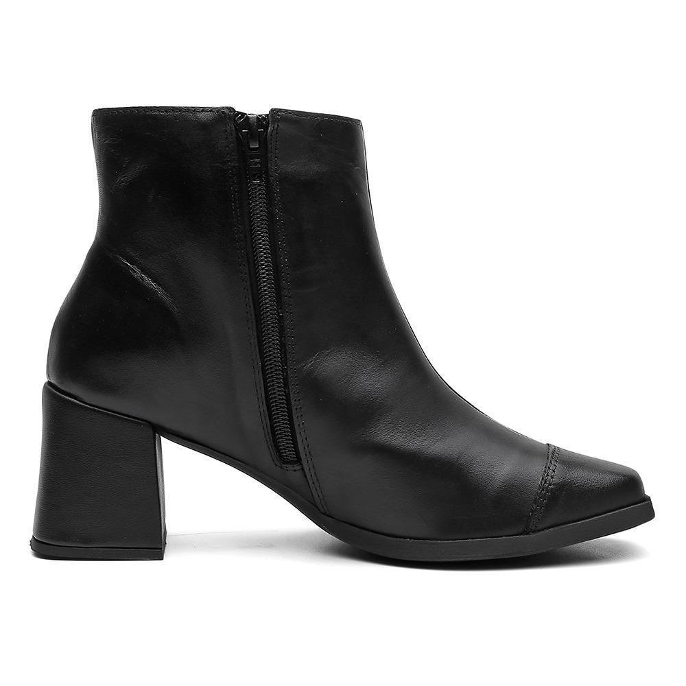 Bota Feminina Couro Cano Curto Salto Grosso Bico Quadrado Zíper Preto 4
