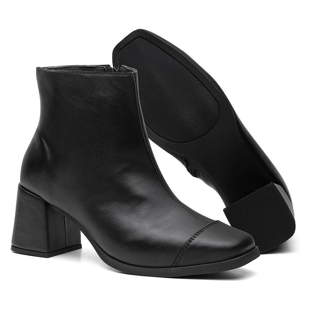 Bota Feminina Couro Cano Curto Salto Grosso Bico Quadrado Zíper Preto 5