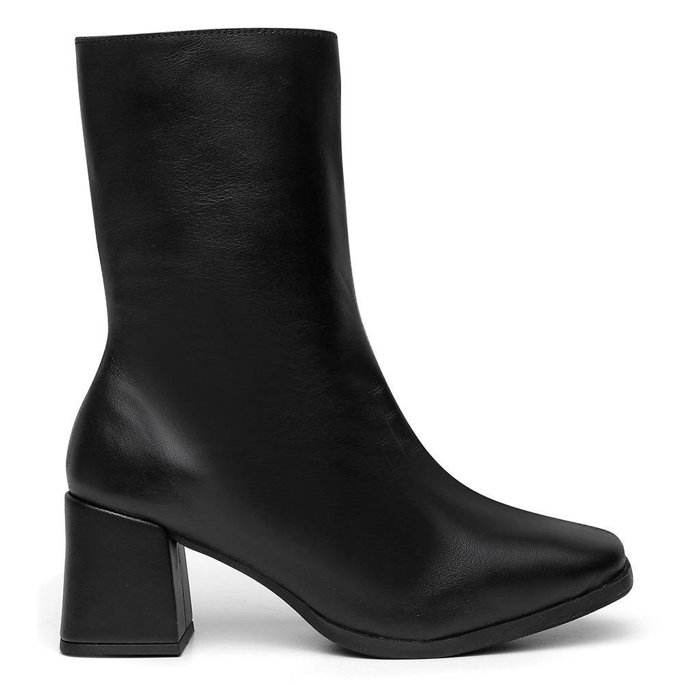 Bota Feminina Couro Cano Médio Salto Grosso Bico Quadrado Preto 2