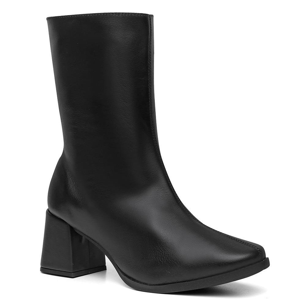 Bota Feminina Couro Cano Médio Salto Grosso Bico Quadrado Preto 3