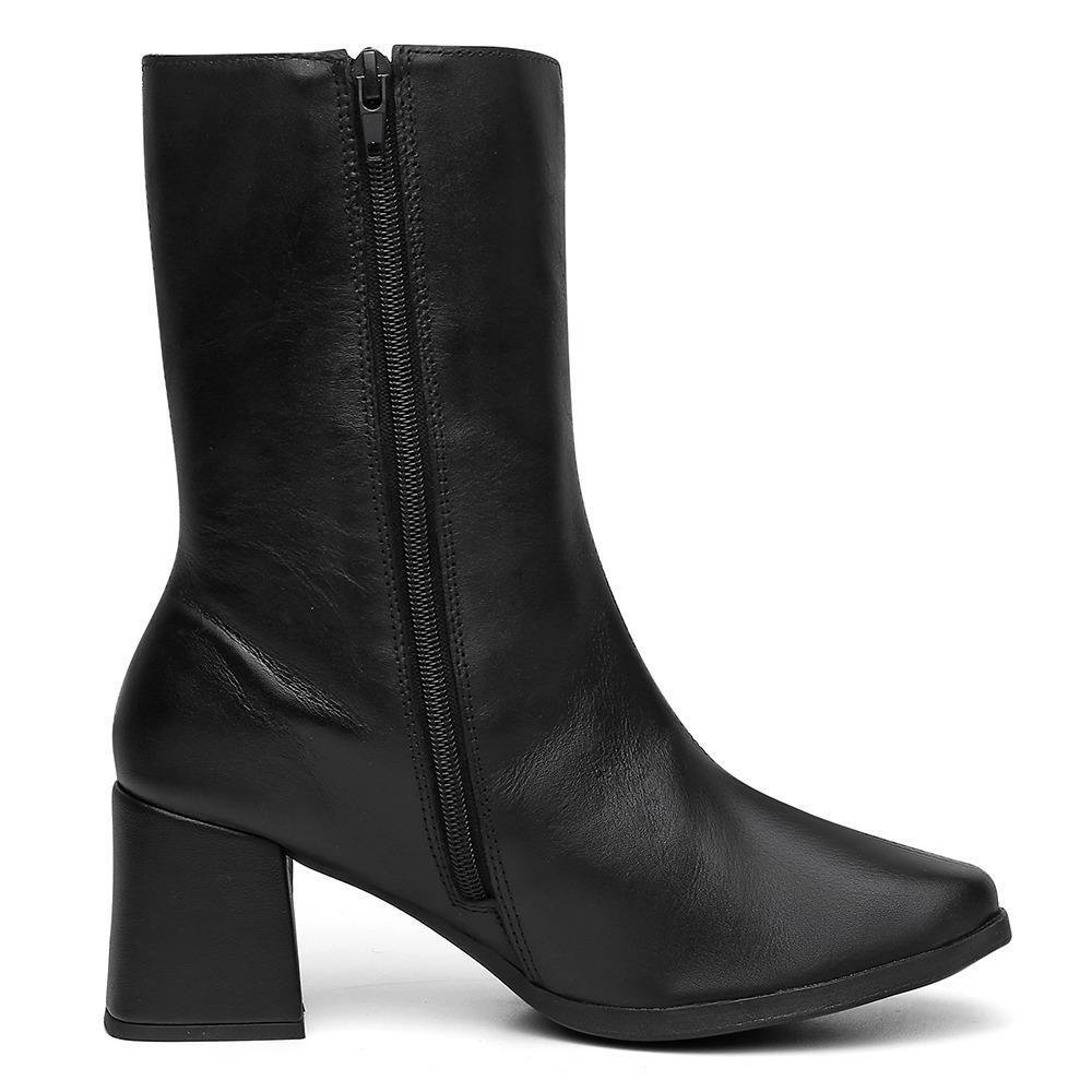 Bota Feminina Couro Cano Médio Salto Grosso Bico Quadrado Preto 4