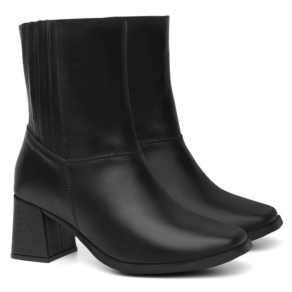 Bota Feminina Couro Cano Médio Zíper Lateral Salto Grosso Preto 3