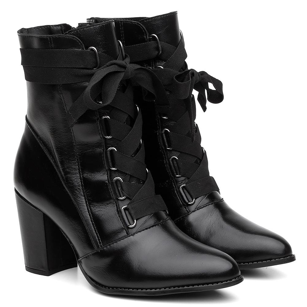 Bota Feminina Coturno Couro Salto Médio Cano Médio Casual Preto 5