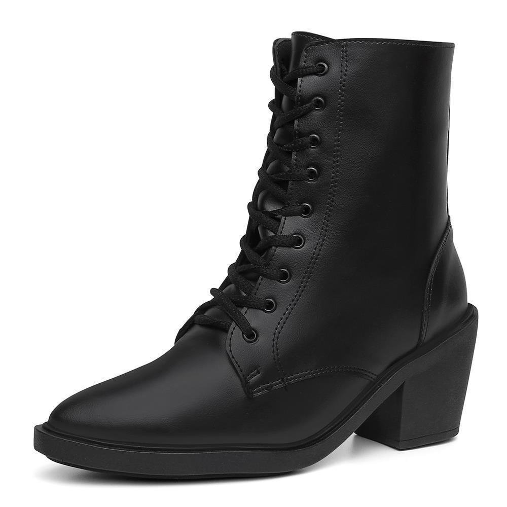 Bota Feminina Cano Alto Cadarços Bico Fino Salto Baixo Preto 1