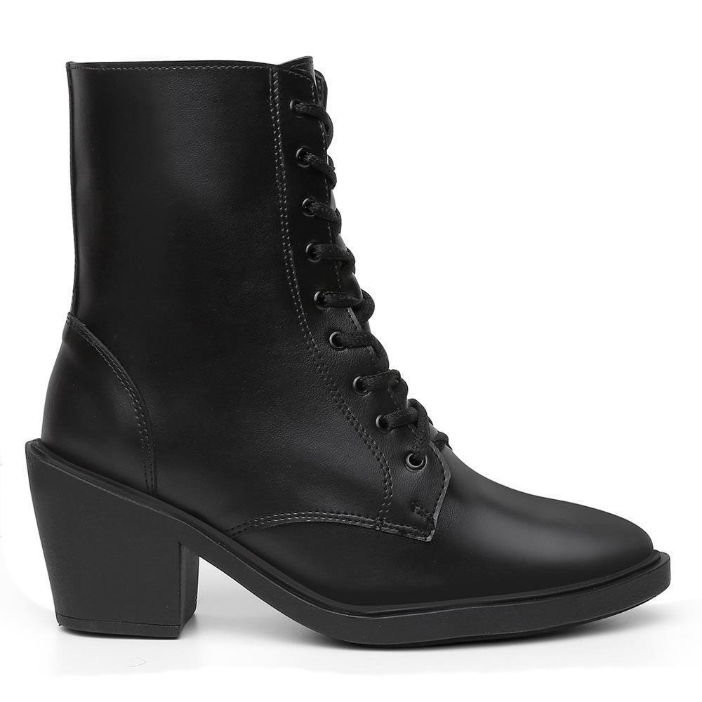 Bota Feminina Cano Alto Cadarços Bico Fino Salto Baixo Preto 2