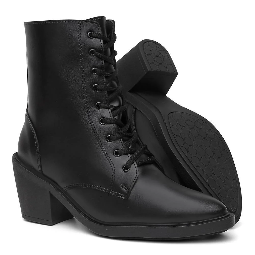 Bota Feminina Cano Alto Cadarços Bico Fino Salto Baixo Preto 5