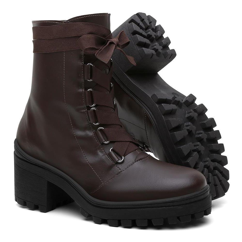 Bota Feminina Cano Alto Tratorada Salto Bloco Dia a Dia Marrom 5