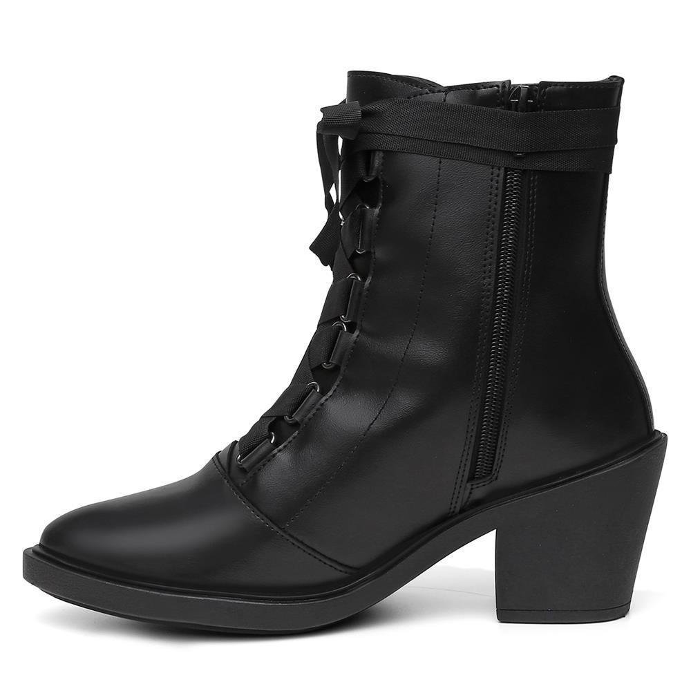 Bota Feminina Cano Baixo Bico Fino Cadarços Dia a Dia Casual Preto 3