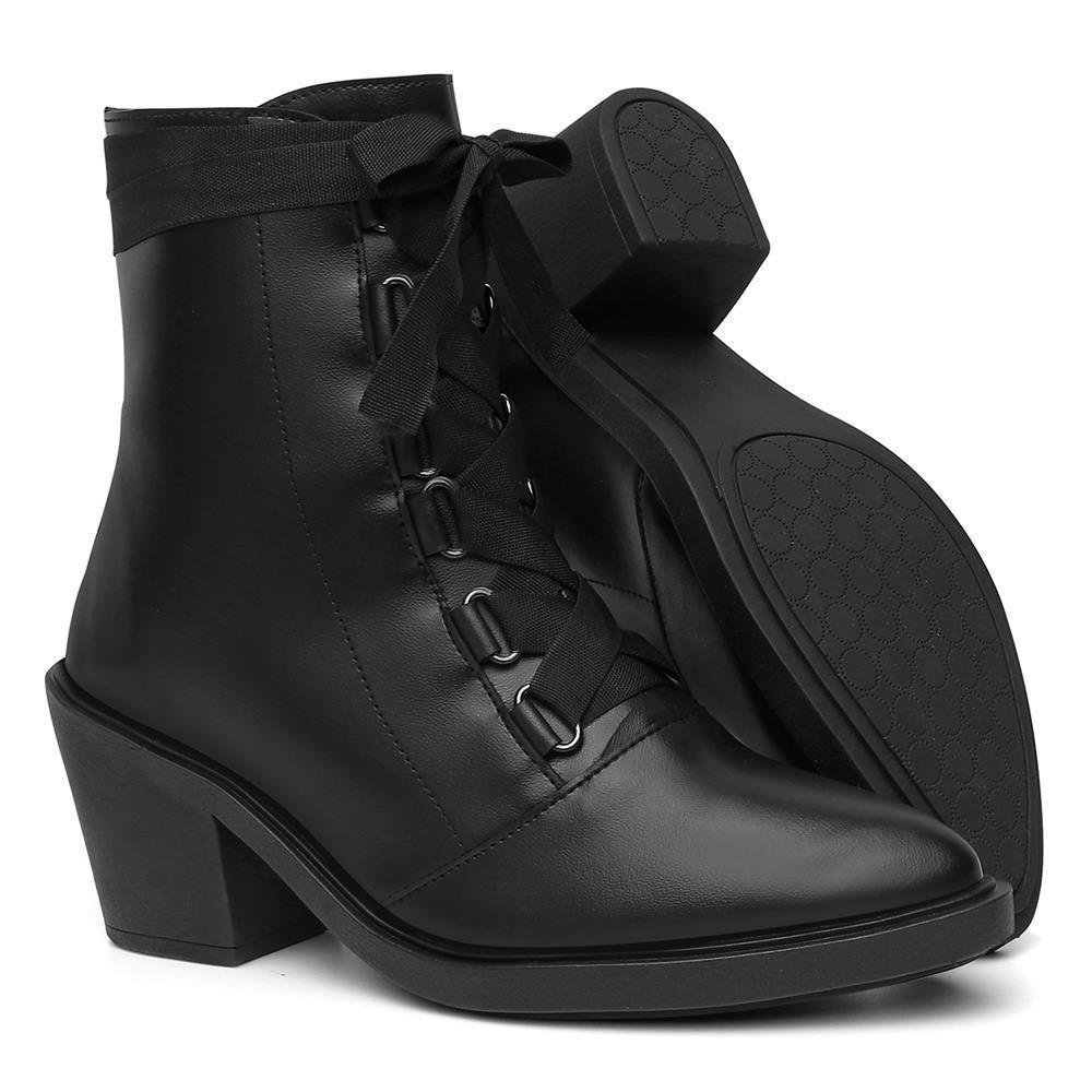 Bota Feminina Cano Baixo Bico Fino Cadarços Dia a Dia Casual Preto 5