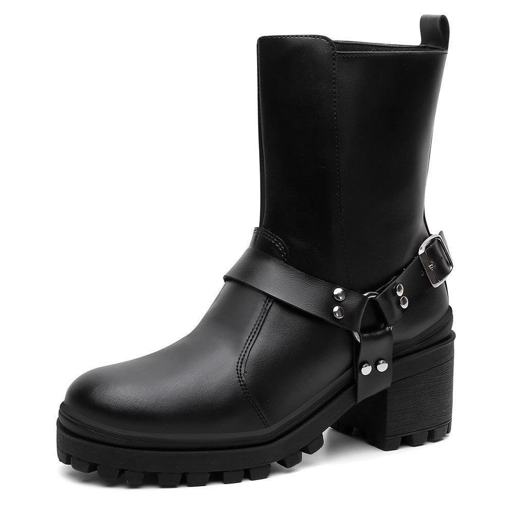 Bota Feminina Cano Medio Cabresto Tratorada Bico Redondo