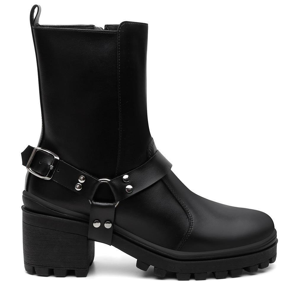 Bota Feminina Cano Medio Cabresto Tratorada Bico Redondo Preto 2