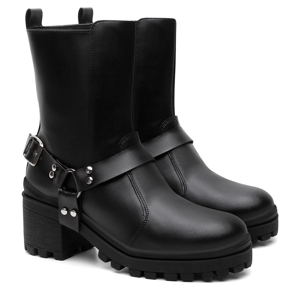 Bota Feminina Cano Medio Cabresto Tratorada Bico Redondo Preto 4