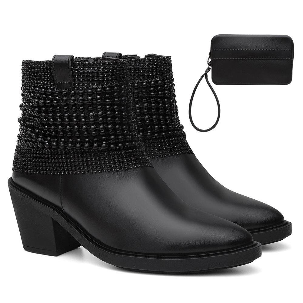 Bota Feminina Cano Curto Bico Fino Moderna Bolsa Carteira Preto