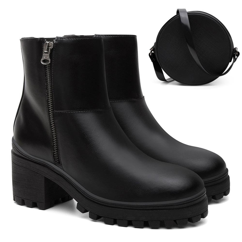 Bota Feminina Cano Curto Casual Zíper + Bolsa Roma Kit Preto 2
