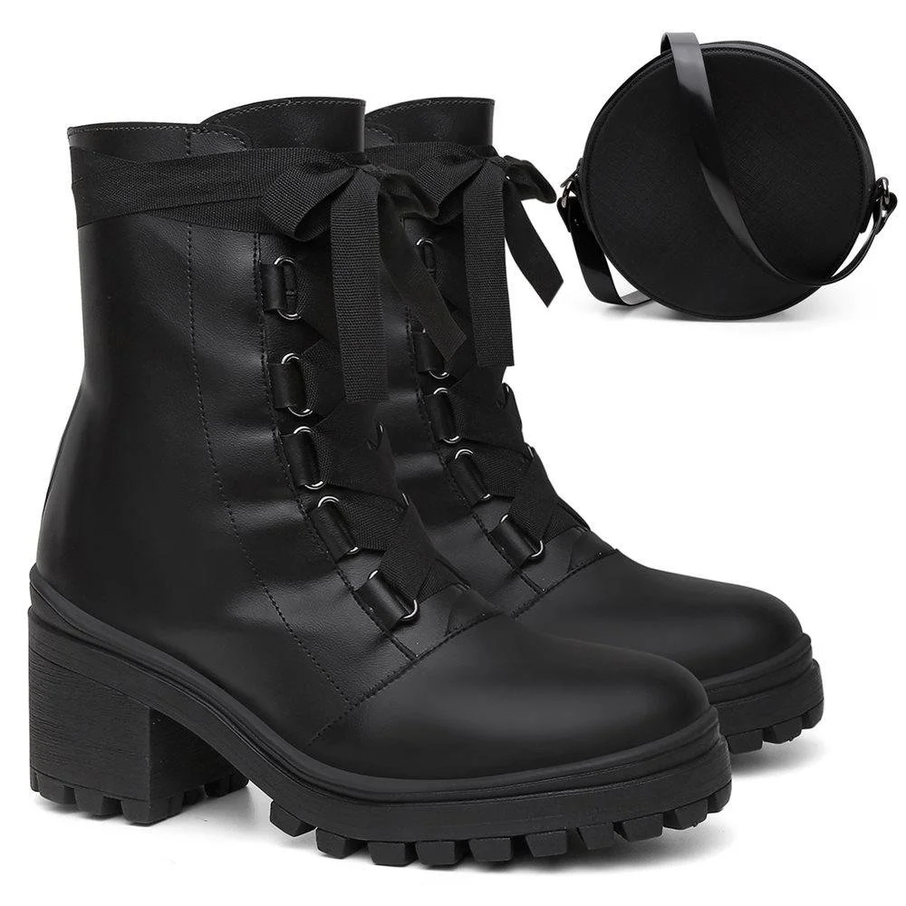 Bota Feminina Cano Curto Ziper Casual e Bolsa Roma Kit 2 Preto 2