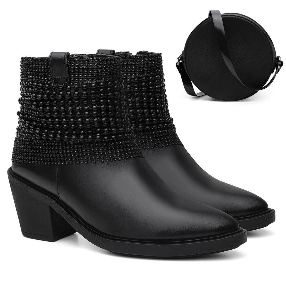 Bota Feminina Cano Curto Zíper Casual + Bolsa Roma Moderna Preto 2