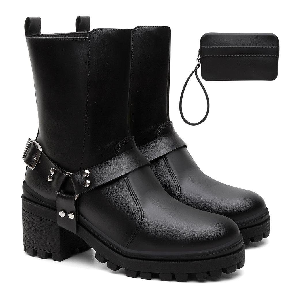 Bota Feminina Tratorada Bico Fino Zíper + Bolsa Carteira Preto 2