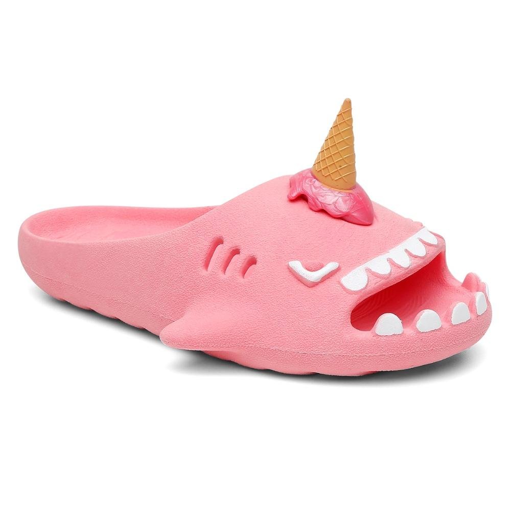 Chinelo Infantil Slide Sharky Fun Tubarão Sorvete Divertido e 1 Barbatana Extra