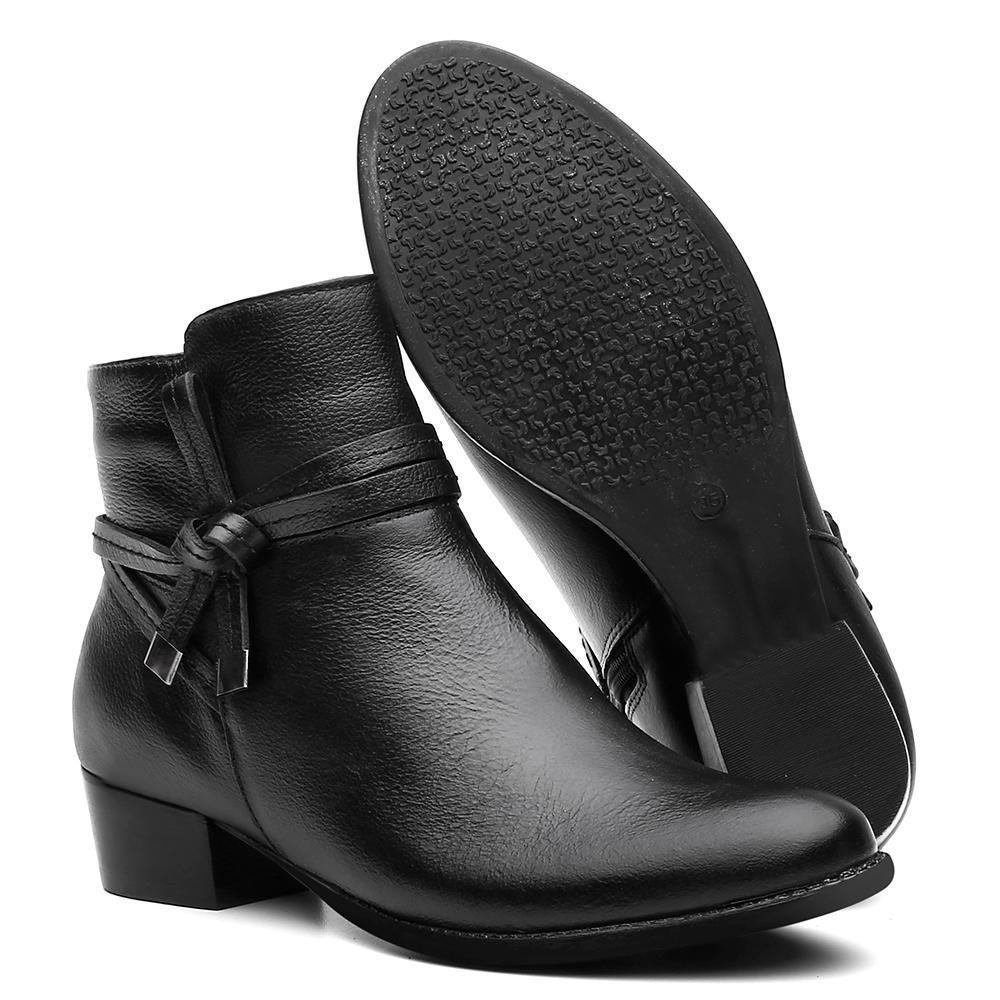 Bota Feminina Cano Curto Couro Salto Baixo Confortável Preto 4