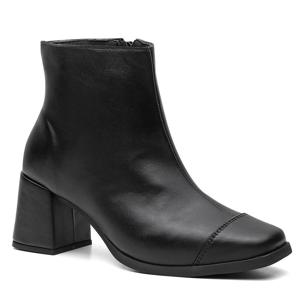 Bota Feminina Couro Cano Curto Salto Grosso Fechamento Zíper Preto 3