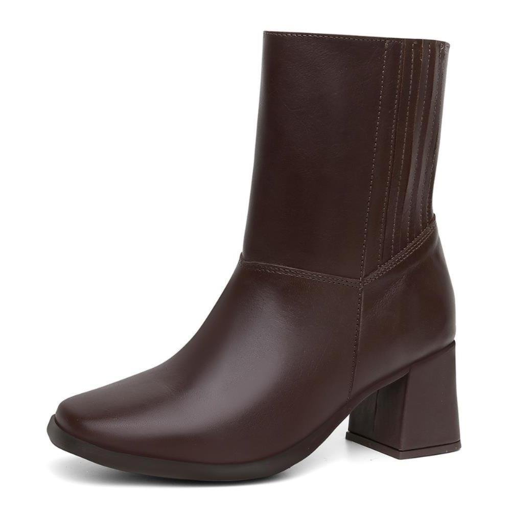 Bota Feminina Couro Cano Médio Zíper Lateral Salto Grosso Marrom 3