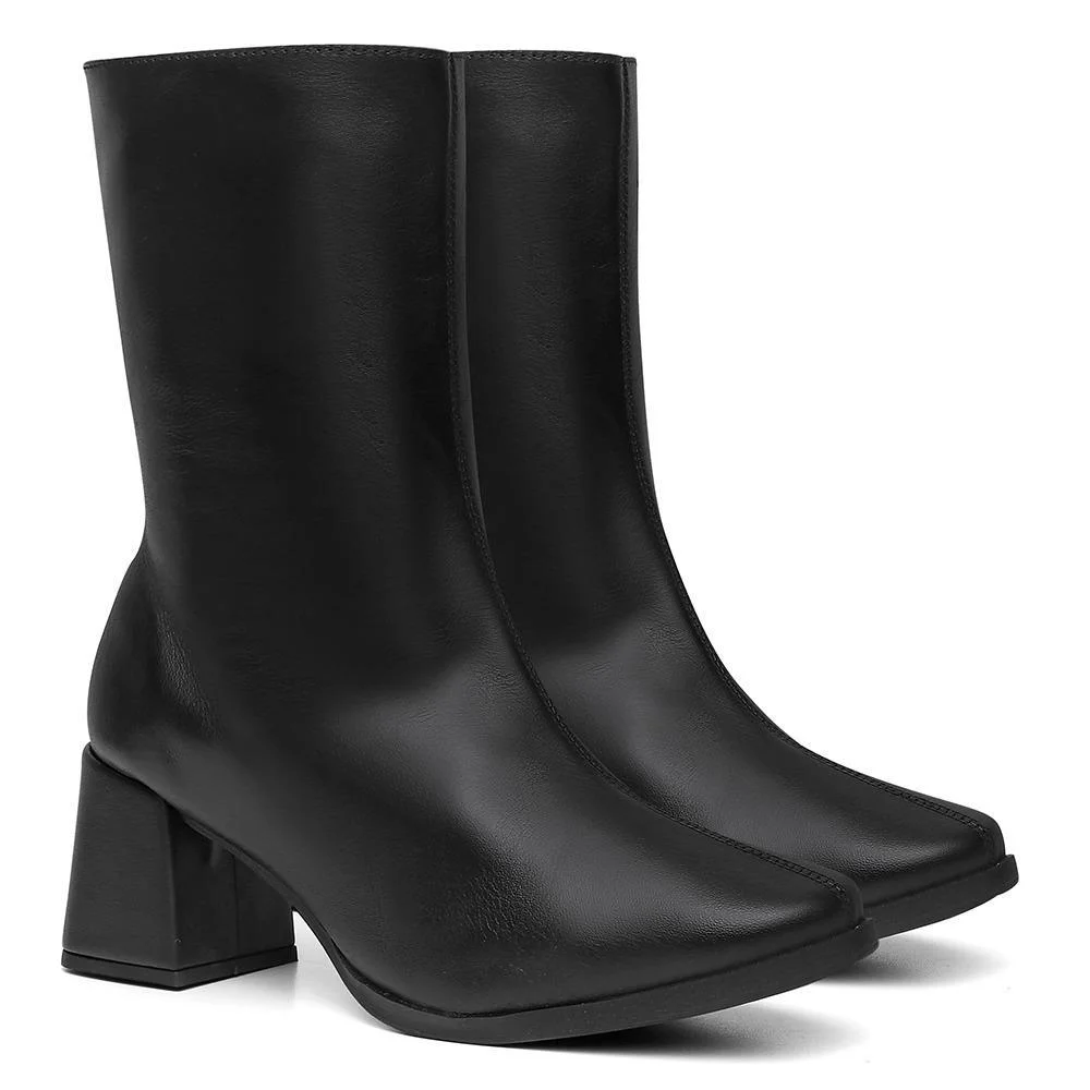 Bota Feminina Couro Cano Médio Salto Grosso Bico Quadrado Preto 2