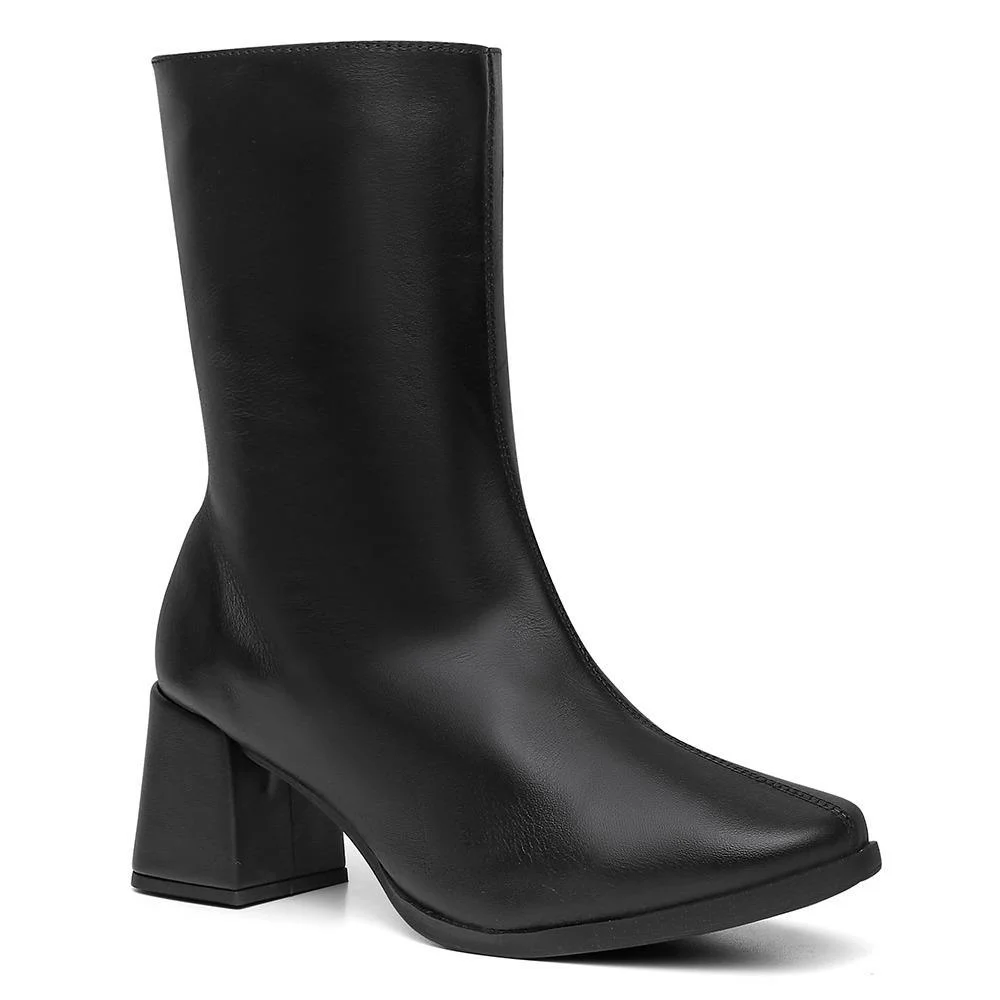 Bota Feminina Couro Cano Médio Salto Grosso Bico Quadrado Preto 3