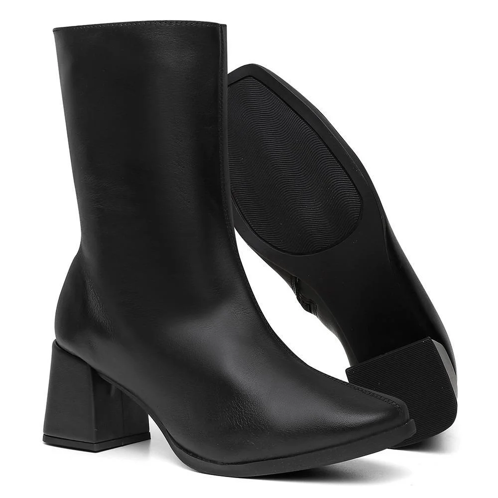 Bota Feminina Couro Cano Médio Salto Grosso Bico Quadrado Preto 5